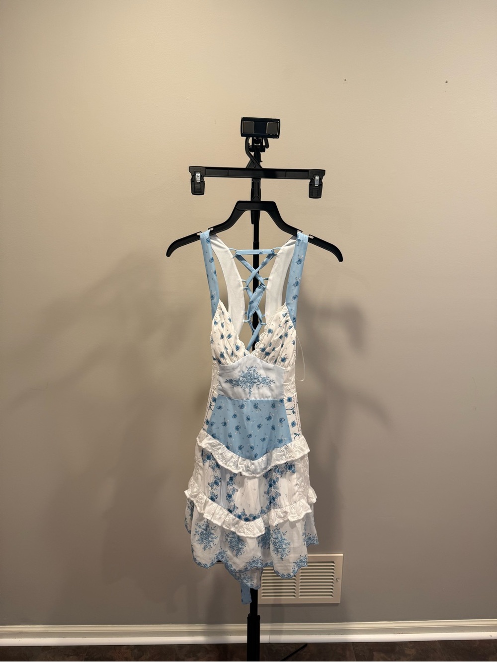 Altar'd State Blue and White Floral Lace-Up Back Mini Dress - Picture 4 of 6